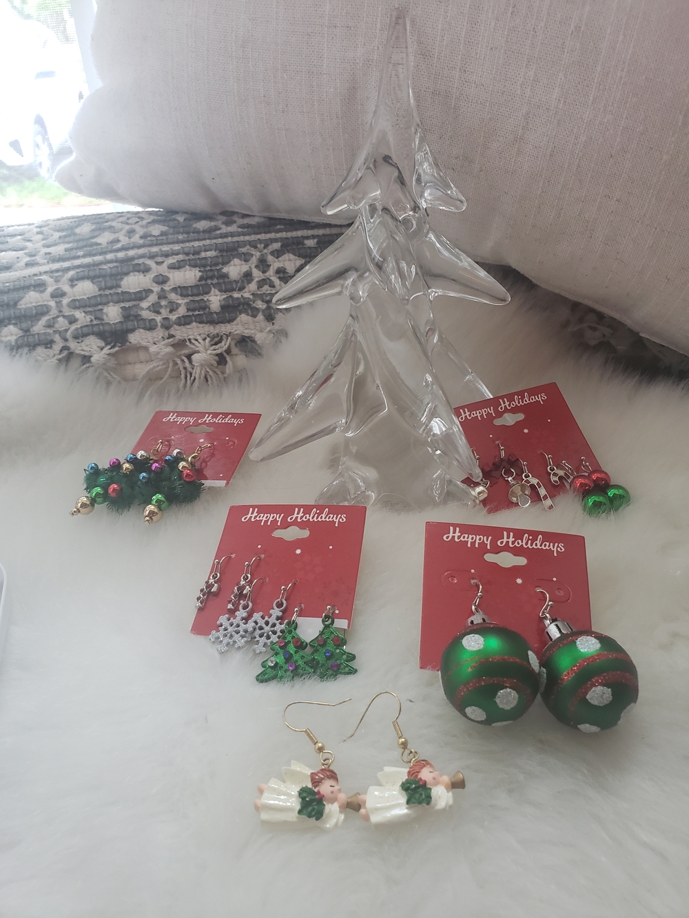 Vintage Happy Holidays  9 Pair Christmas Ornament Earring Collection